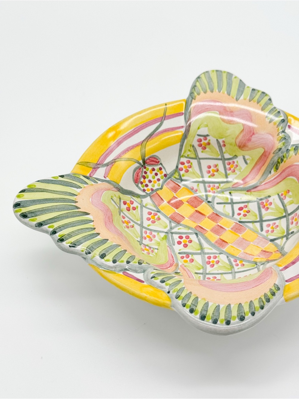 Vintage MacKenzie Childs Butterfly 7.5" Bowl Retired 2003 Yellow Green Check - Picture 3 of 13
